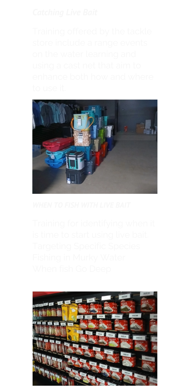 Catching Live Bait  Training offered by the tackle store include a range events on the water learning and using a cast net that aim to enhance both how and where to use it. WHEN TO FISH WITH LIVE BAIT  Training for identifying when it is time to start using live bait. Targeting Specific Species  Fishing in Murky Water When fish Go Deep