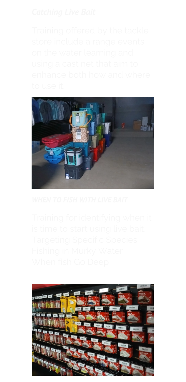 Catching Live Bait  Training offered by the tackle store include a range events on the water learning and using a cast net that aim to enhance both how and where to use it. WHEN TO FISH WITH LIVE BAIT  Training for identifying when it is time to start using live bait. Targeting Specific Species  Fishing in Murky Water When fish Go Deep